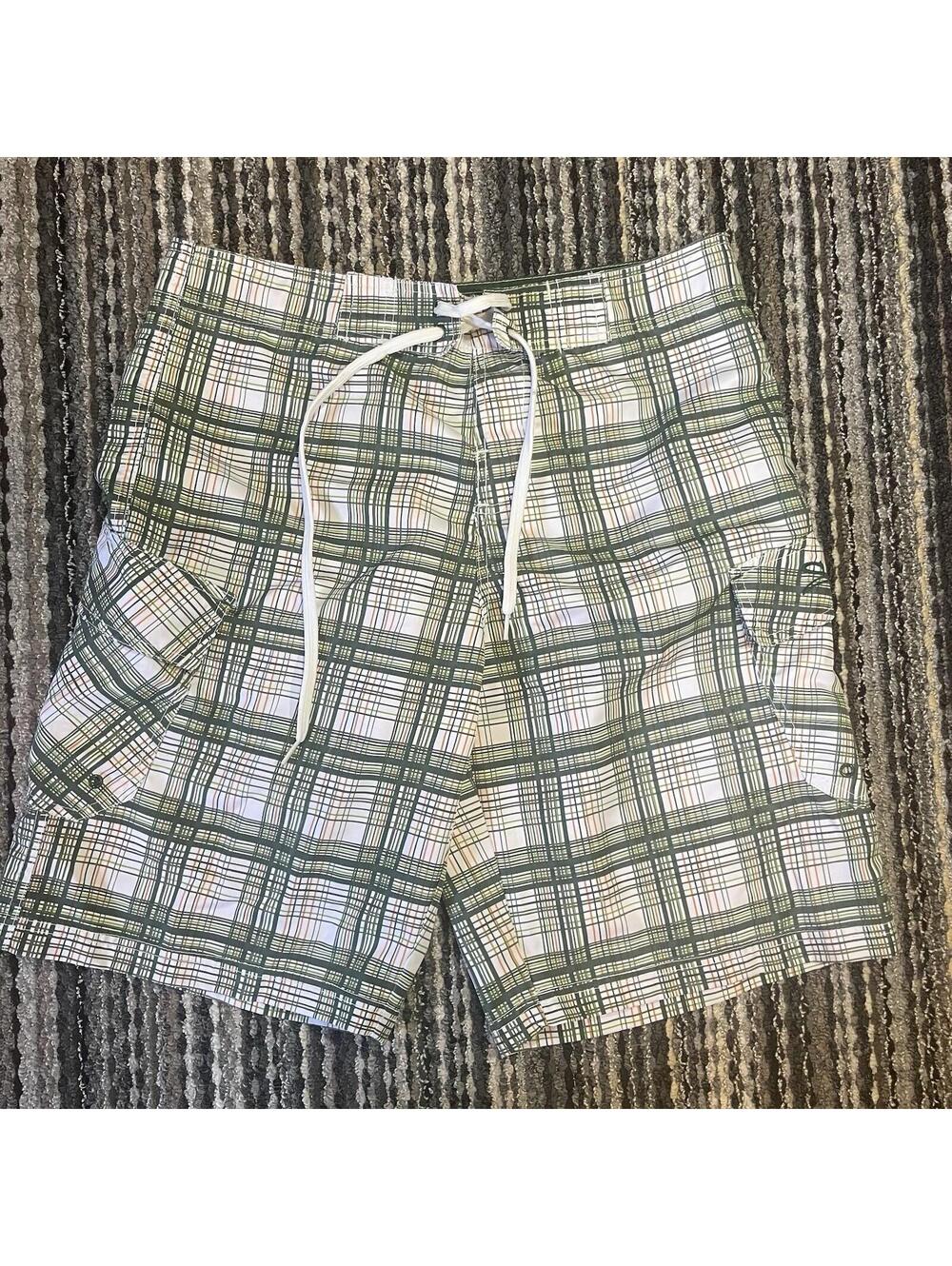 Y2K Ecko Unltd Mens Plaid Board Shorts Size 32 Green White Pockets